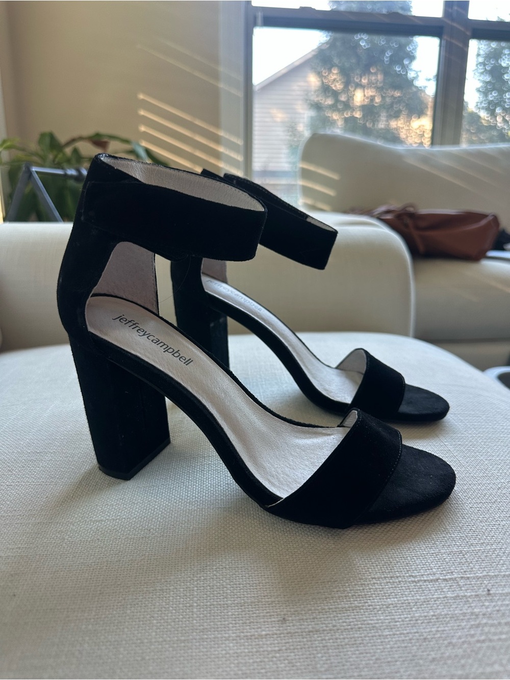 Jeffrey Campbell Lindsay 7 Black Suede Block Heel Ankle Strap Sandals